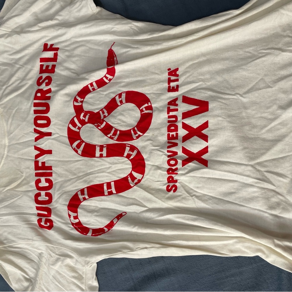 GUCCI women’s size small tee with “Guccify Yourself” logo & red snake design